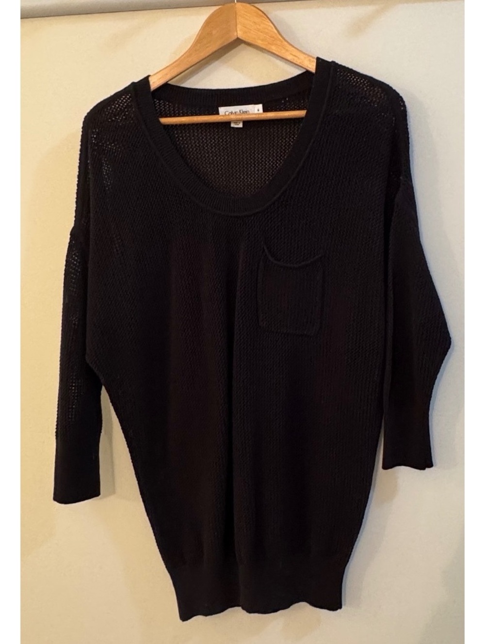 Calvin Klein Women's Black Cotton V-Neck Sweater with Pocket, Size M
